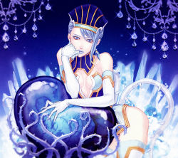 Rule 34 | 10s, 1girl, ball, bare shoulders, blue eyes, blue hair, blue rose (tiger &amp; bunny), blue theme, head rest, crystal, earrings, elbow gloves, gem, gloves, hat, jewelry, karina lyle, lipstick, makeup, matching hair/eyes, short hair, solo, superhero costume, tiger &amp; bunny, yui (nightflight)