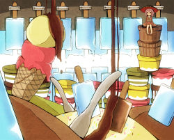 Rule 34 | 1girl, barefoot, bowl, bowl hat, chocolate syrup, food, hat, highres, ice cream, ice cream cone, ice cream cup, japanese clothes, kimono, long sleeves, looking at viewer, mini person, minigirl, obi, popsicle, purple eyes, purple hair, sash, sitting, sitting on object, smile, solo, spoon, sprinkles, sukuna shinmyoumaru, topadori, touhou