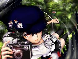 Rule 34 | 1girl, adapted costume, black hair, black thighhighs, camera, commentary request, flying, forest, hat, highres, himekaidou hatate, inubashiri momiji, looking at viewer, looking up, motion blur, motion lines, nature, one eye covered, pen, red eyes, redoredo (godprogress), shameimaru aya, shameimaru aya (crow), shirt, short hair, skirt, smile, solo, tengu, thighhighs, torii, touhou, wings