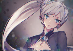 Rule 34 | 1girl, blue eyes, breasts, cleavage, earrings, ecru, floating hair, grey background, hair ornament, head tilt, highres, jewelry, long hair, looking at viewer, parted lips, portrait, rwby, scar, scar across eye, scar on face, shrug (clothing), side ponytail, silver hair, small breasts, solo, very long hair, weiss schnee