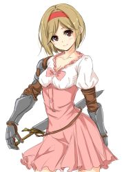 Rule 34 | 10s, 1girl, absurdres, blonde hair, blush, bow, breasts, cleavage, collarbone, djeeta (granblue fantasy), dress, fighter (granblue fantasy), gauntlets, granblue fantasy, hair intakes, hairband, hand on hilt, heart, highres, looking at viewer, pink bow, pink dress, puffy short sleeves, puffy sleeves, red eyes, short hair, short sleeves, shoulder pads, simple background, smile, solo, sword, unasaka ryou, underbust, weapon, white background