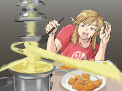Rule 34 | 1boy, :o, blonde hair, cheese, fondue au fromage, food, gradient background, hands up, holding, holding spoon, link, male focus, meme, monbetsu kuniharu, nintendo, nintendo switch shirt, open mouth, plate, red shirt, shirt, short sleeves, solo, spoon, sweat, tagme, teeth, the legend of zelda, the legend of zelda: breath of the wild