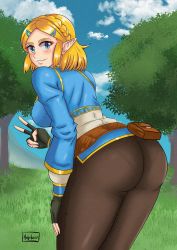 Rule 34 | 1girl, angelox27, ass, blonde hair, blue eyes, blush, breasts, fingerless gloves, from behind, gloves, hair ornament, hairclip, highres, large breasts, leaning, leaning forward, looking at viewer, nintendo, pants, pantylines, pointy ears, princess zelda, shiny clothes, shirt, short hair, sideboob, smile, solo, the legend of zelda, the legend of zelda: breath of the wild, the legend of zelda: tears of the kingdom, v