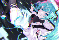 Rule 34 | 1girl, apple t (ringotyasan), black shirt, black thighhighs, blue eyes, blue hair, blue nails, coat, floating hair, grin, hair between eyes, hatsune miku, highres, long hair, long sleeves, looking at viewer, nail polish, open clothes, open coat, pink hair, shirt, short shorts, shorts, sleeveless, sleeveless shirt, smile, solo, thighhighs, vocaloid, white coat, white shorts