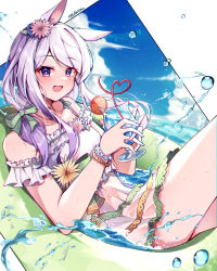 Rule 34 | 1girl, :d, animal ears, artist name, bare shoulders, commentary request, cup, highres, holding, holding cup, horse ears, horse girl, jewelry, long hair, looking at viewer, mejiro mcqueen (ripple fairlady) (umamusume), mejiro mcqueen (umamusume), misoni (mi so ni t), necklace, official alternate costume, one-piece swimsuit, open mouth, purple eyes, purple hair, smile, solo, swept bangs, swimsuit, umamusume
