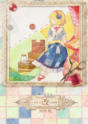 Rule 34 | 1girl, alice margatroid, alternate costume, blonde hair, blue eyes, checkered clothes, checkered skirt, hairband, hanada hyou, mary janes, scissors, sewing, sewing kit, shoes, skirt, solo, touhou