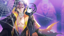 Rule 34 | 1boy, animal, animal on shoulder, black capelet, black coat, blurry, blurry background, capelet, cat, cat on shoulder, closed mouth, coat, commentary request, cross, cross necklace, glasses, hair between eyes, halloween, happy halloween, highres, hood, hood up, hooded capelet, jewelry, kisaragi ren (mahjong soul), kotsuru kari, light particles, long bangs, long sleeves, looking at viewer, mahjong soul, male focus, multiple tails, muscular, muscular male, necklace, pectorals, purple background, purple eyes, purple hair, rimless eyewear, short hair, silk, smile, solo, spider web, tail, two tails, upper body, window