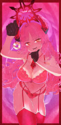 02milos02 1girl absurdres black_gloves blue_archive blush border bra breasts cleavage demon_girl demon_horns fangs garter_belt garter_straps gloves hair_between_eyes hand_on_own_chin highres holding_pendulum horns large_breasts long_hair mole mole_on_breast navel necktie panties pink_background pink_bra pink_hair pink_panties pink_thighhighs red_border red_necktie satsuki_(blue_archive) sidelocks smile sweatdrop thighhighs underwear yellow_eyes