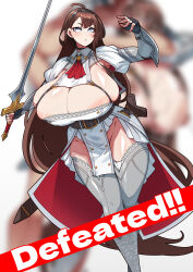 Rule 34 | 1boy, 1girl, absurdly long hair, absurdres, ahoge, areola slip, armor, armpits, ascot, blurry, blurry background, blush, breasts, brown hair, bursting breasts, cleavage, curvy, dutch angle, earrings, feet out of frame, fingerless gloves, gigantic breasts, gloves, grey eyes, groin, hetero, highres, huge areolae, huge breasts, huge nipples, impractical armor, jewelry, knight, konoshige (ryuun), lace, lace-trimmed legwear, lace trim, long hair, looking at viewer, original, parted lips, pelvic curtain, pregnant, revealing clothes, scabbard, sex, sheath, shiny skin, skindentation, solo focus, standing, sword, swordsman (konoshige), thick thighs, thighhighs, thighs, very long hair, weapon, wide hips