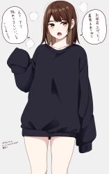 Rule 34 | 1girl, black shirt, bob cut, brown eyes, brown hair, commentary request, grey background, highres, kapatarou, long sleeves, looking at viewer, open mouth, original, oversized clothes, oversized shirt, puffy long sleeves, puffy sleeves, shirt, simple background, sleeves past fingers, sleeves past wrists, solo, thick eyebrows, translated