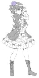 Rule 34 | 1girl, absurdres, bad id, bad twitter id, boots, bow, closed mouth, copyright request, cross-laced footwear, donguri suzume, dress, flower, full body, greyscale, hair bow, hair flower, hair ornament, hand up, highres, legs apart, long sleeves, looking at viewer, monochrome, puffy short sleeves, puffy sleeves, purple flower, short hair, short sleeves, simple background, solo, standing, white background