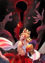Rule 34 | 1girl, absurdres, arm up, bikini, blonde hair, braid, breasts, chalice, commentary, criss-cross halter, crown, cup, dragon, dragon claw, dragon girl, dragon tail, elbow gloves, facial mark, fate/grand order, fate/grand order arcade, fate (series), french braid, gloves, hair bun, hair intakes, halterneck, highres, hiro (hirohiro gorira), looking at viewer, medium hair, navel, nero claudius (fate), nero claudius (fate) (all), open clothes, open mouth, pointy ears, queen draco (fate), queen draco (second ascension) (fate), red bikini, red eyes, revealing clothes, robe, scales, small breasts, smile, swimsuit, tail, thighs, tongue, tongue out, white gloves, white robe