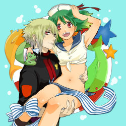 Rule 34 | 1boy, 1girl, :d, ahoge, ai-kun, alternate costume, arm around neck, arm around waist, arm up, armpits, brera sterne, brother and sister, carrying, cero (cerocero), green hair, grey nails, hand on headwear, hat, looking at viewer, macross, macross frontier, midriff, nail polish, navel, open mouth, princess carry, ranka lee, red eyes, sailor collar, sailor hat, short hair, short sleeves, siblings, smile, stomach, wind, wind lift