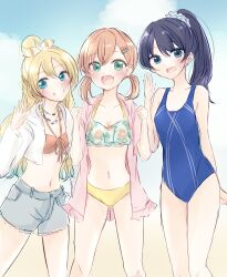 Rule 34 | 3girls, :d, absurdres, baran. (ba ra ran), bikini, bikini top only, blonde hair, blue eyes, blue hair, blue one-piece swimsuit, blue shorts, blue sky, blush, bow, breasts, cleavage, clenched hands, competition school swimsuit, cropped jacket, crossed bangs, double-parted bangs, floral print, frilled bikini, frills, front-tie bikini top, front-tie top, gradient hair, green eyes, grin, hair bow, hair bun, hair ornament, hair scrunchie, hairclip, high ponytail, highres, hinoshita kaho, jacket, jacket over swimsuit, jewelry, link! like! love live!, long hair, long sleeves, looking at viewer, love live!, low twintails, medium breasts, medium hair, mismatched bikini, multicolored hair, multiple girls, murano sayaka, navel, necklace, official alternate costume, one-piece swimsuit, open mouth, orange bikini, orange hair, osawa rurino, pink jacket, print bikini, school swimsuit, scrunchie, short sleeves, shorts, single hair bun, sky, smile, striped bow, swimsuit, twintails, vertical-striped bow, waving, white jacket