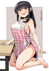 Rule 34 | 1girl, apron, barefoot, black hair, blunt bangs, blush, breasts, cleaning, cloth, geso smith, gingham, highres, kneeling, large breasts, long hair, mole, mole under mouth, naked apron, open mouth, original, pocket, red eyes, side slit, sideboob, simple background, solo, table, twitter username