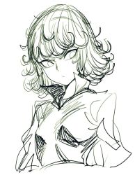Rule 34 | 1girl, breasts, curly hair, dress, female focus, long sleeves, monochrome, one-punch man, serious, short hair, simple background, sketch, small breasts, solo, spacezin, tatsumaki, upper body, white background