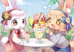 Rule 34 | + +, 2girls, :d, :o, animal ear fluff, blonde hair, blue skirt, cherry, commission, dress, drooling, female focus, food, fruit, furry, furry female, grey hoodie, hairband, hood, hoodie, ice cream, lime (fruit), looking at food, multiple girls, okamori kuo, open mouth, outdoors, parfait, pink dress, pudding, rabbit ears, rabbit girl, rabbit tail, skirt, smile, strawberry, table, white hair