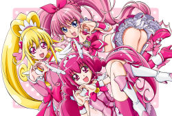 Rule 34 | 10s, 3girls, :d, aida mana, antenna hair, arm warmers, ass, bike shorts, blonde hair, blue eyes, boo (takagi), boots, bow, braid, brooch, choker, color connection, cure happy, cure heart, cure melody, curly hair, dokidoki! precure, frilled skirt, frills, hair bow, hair ornament, half updo, happy, head wings, heart, heart brooch, heart hair ornament, heart hands, hoshizora miyuki, houjou hibiki, jewelry, knee boots, long hair, looking at viewer, magical girl, midriff, multiple girls, open mouth, pink bow, pink eyes, pink footwear, pink hair, pink shorts, pink theme, ponytail, precure, shoes, shorts, shorts under skirt, skirt, smile, smile precure!, suite precure, tiara, twintails, white footwear, wings, wrist cuffs