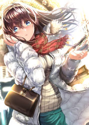 Rule 34 | 1girl, bag, black hair, blue eyes, blurry, blurry background, blush, book, breasts, casual, down jacket, dutch angle, floating hair, fur-trimmed jacket, fur trim, hair between eyes, hairband, hand on own face, hand up, handbag, highres, idolmaster, idolmaster cinderella girls, jacket, jewelry, large breasts, light, long hair, long sleeves, looking at viewer, maroon lips, necklace, night, nohito, open clothes, open jacket, open mouth, outdoors, parted lips, plaid, plaid scarf, red scarf, ribbed sweater, sagisawa fumika, scarf, shopping bag, sidelocks, solo, sweater, watch, white jacket, wind