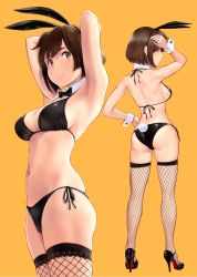 Rule 34 | 1girl, animal ears, armpits, arms up, back, bare shoulders, bikini, black bikini, black footwear, breasts, brown eyes, brown hair, rabbit ears, rabbit tail, closed mouth, fake animal ears, fake tail, hairband, high heels, highres, hiryuu (kancolle), kantai collection, large breasts, multiple views, navel, one side up, orange background, short hair, side-tie bikini bottom, side ponytail, simple background, skindentation, smile, stomach, swimsuit, tail, thighhighs, thighs, wa (genryusui), wrist cuffs