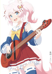 Rule 34 | 1girl, :d, ahoge, animal ear fluff, animal ears, bell, blue eyes, blue shirt, blue sleeves, blue thighhighs, bow, commentary request, commission, detached sleeves, frilled skirt, frills, hair bell, hair ornament, hair ribbon, holding, holding instrument, howan (show by rock!!), instrument, instrument request, jingle bell, long sleeves, open mouth, pink hair, pleated skirt, red ribbon, red skirt, ribbon, ribbon-trimmed legwear, ribbon-trimmed sleeves, ribbon trim, sailor collar, shirt, show by rock!!, side ponytail, simple background, skeb commission, skirt, sleeveless, sleeveless shirt, smile, solo, tail, tamano umika, thighhighs, white background, white sailor collar, wide sleeves, yellow bow
