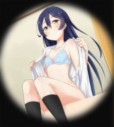 Rule 34 | 10s, 1girl, blue hair, blush, bra, flat chest, highres, long hair, looking at viewer, love live!, love live! school idol project, masamuuu, open clothes, peephole, solo, sonoda umi, underwear, undressing, yellow eyes