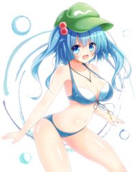 Rule 34 | 1girl, between breasts, bikini, blue bikini, blue eyes, blue hair, breasts, cleavage, contrapposto, cowboy shot, front-tie top, green hat, hair bobbles, hair ornament, hat, highres, kawashiro nitori, key, large breasts, looking at viewer, open mouth, osashin (osada), simple background, smile, solo, standing, swimsuit, thighs, touhou, two side up, white background