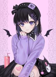 Rule 34 | 1girl, bag, bat wings, beret, black bow, black hair, black hat, bow, can, choker, clenched hand, commentary request, drinking straw, hair ornament, handbag, hat, hat bow, highres, long sleeves, looking at viewer, monster energy, multicolored hair, ompf, original, purple hair, purple sweater, sleeves past wrists, smile, solo, spiked choker, spikes, star (symbol), star hair ornament, streaked hair, sweater, wings, yami kawaii