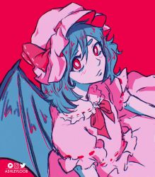 Rule 34 | 1girl, artist name, ashleyloob, bat wings, blue hair, bow, dress, frilled shirt collar, frilled sleeves, frills, hat, highres, limited palette, looking at viewer, mob cap, pink dress, pink hat, puffy short sleeves, puffy sleeves, red background, red eyes, remilia scarlet, ribbon, short sleeves, touhou, vampire, wings