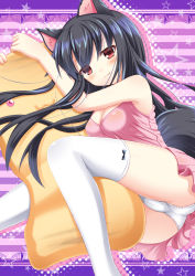 Rule 34 | 1girl, animal ears, black bow, black hair, bow, breasts, cat-shaped pillow, cleavage, closed mouth, commentary request, hair between eyes, highres, long hair, looking at viewer, medium breasts, no pants, hugging object, original, panties, pillow, pillow hug, pink shirt, red eyes, shirt, smile, solo, star (symbol), striped, striped background, tail, tank top, thighhighs, underwear, usaginezumi, very long hair, white panties, white thighhighs, wolf ears, wolf girl, wolf tail