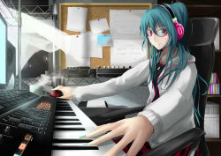 Rule 34 | 1girl, alternate eye color, alternate hairstyle, bespectacled, black shirt, blue hair, blue nails, blush, bookshelf, boru (ochagashi), bulletin board, chair, closed mouth, coffee mug, commentary request, computer, cup, flat chest, glasses, hair between eyes, hatsune miku, headphones, high ponytail, highres, hood, hood down, hoodie, indoors, instrument, jewelry, computer keyboard, keyboard (instrument), long hair, looking at viewer, mug, nail polish, necklace, office chair, open clothes, open hoodie, paper, pink-framed eyewear, red eyes, shirt, sidelocks, smile, solo, speaker, steam, swivel chair, upper body, very long hair, vocaloid, white hoodie
