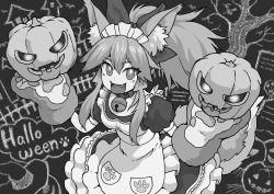 Rule 34 | 1girl, animal ear fluff, animal ears, animal hands, apron, bell, bow, breasts, cat paws, claws, collar, commentary request, crazy eyes, fate/grand order, fate (series), fox ears, fox girl, fox tail, frills, glowing, glowing eyes, greyscale, hair between eyes, hair bow, halloween, holding, jingle bell, kusama takato, long hair, looking at viewer, maid apron, maid headdress, monochrome, neck bell, paw print, ponytail, pumpkin, ringed eyes, short sleeves, sidelocks, solo, tail, tamamo (fate), tamamo cat (fate), tamamo cat (second ascension) (fate)