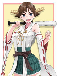 Rule 34 | 1girl, baseball bat, brown hair, clenched hand, commentary request, cowboy shot, detached sleeves, flipped hair, green skirt, hairband, headgear, hiei (kancolle), highres, japanese clothes, kantai collection, looking at viewer, plaid, ribbon-trimmed sleeves, ribbon trim, short hair, skirt, solo, standing, tussy, upper body