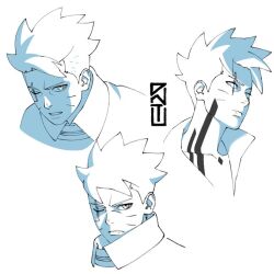 Rule 34 | 1boy, body markings, boruto: two blue vortex, dnt agun, expressionless, expressions, facial mark, monochrome, multiple views, naruto (series), official style, open mouth, scar, scar across eye, serious, short hair, simple background, spiked hair, uzumaki boruto, whisker markings, white background