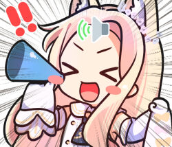 ! !! &gt;_&lt; 1girl :d animal_ear_fluff animal_ears bare_shoulders blonde_hair blue_archive blush_stickers chibi commentary dress edan_(zero54238) emphasis_lines extra_ears flower_wreath fox_ears fox_girl hands_up happy holding holding_megaphone long_hair megaphone open_mouth parted_bangs sailor_collar school_uniform seia_(blue_archive) serafuku simple_background sleeveless sleeveless_dress sleeves_past_fingers sleeves_past_wrists smile solo v-shaped_eyebrows white_background white_dress white_sailor_collar xd