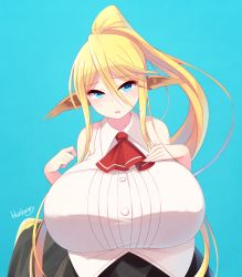 Rule 34 | 10s, 1girl, animal ears, blonde hair, blue background, blue eyes, blueberry (5959), breasts, centaur, centorea shianus, hand on own chest, horse ears, huge breasts, long hair, looking at viewer, monster girl, monster musume no iru nichijou, signature, simple background, sleeveless, solo, taur, upper body, very long hair
