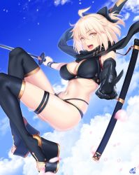 Rule 34 | 1girl, ahoge, asymmetrical gloves, bikini, black bikini, black bow, black gloves, black scarf, blue sky, blush, bow, breasts, cleavage, day, fate/grand order, fate (series), gloves, hair bow, half updo, katana, large breasts, legs, looking at viewer, multi-strapped bikini, navel, okita j. souji (fate), okita j. souji (first ascension) (fate), okita souji (fate), okita souji (koha-ace), okitakung, open mouth, scarf, sheath, short hair, single glove, sky, smile, solo, swimsuit, sword, thigh strap, thighs, toeless footwear, toes, uneven gloves, v, weapon, yellow eyes