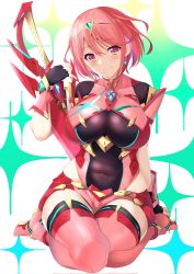 Rule 34 | 1girl, aegis sword (xenoblade), black gloves, breasts, chest jewel, daive, earrings, fingerless gloves, gem, gloves, headpiece, highres, jewelry, large breasts, pyra (xenoblade), red eyes, red hair, red shorts, short hair, short shorts, shorts, solo, swept bangs, sword, thighhighs, thighs, tiara, weapon, xenoblade chronicles (series), xenoblade chronicles 2