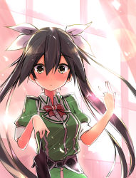 Rule 34 | 10s, 1girl, black gloves, black hair, blush, bow, bowtie, brown eyes, full-face blush, gloves, unworn gloves, hair ribbon, jewelry, kantai collection, looking at viewer, military, military uniform, puffy short sleeves, puffy sleeves, ribbon, ring, short sleeves, solo, sunlight, tone (kancolle), twintails, uniform, wedding band, white ribbon, yuzuyoukan