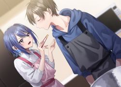 Rule 34 | 1boy, 1girl, apron, black apron, blue hair, blue hoodie, blush, bowl, brown eyes, brown hair, buttons, chigusa minori, chopsticks, closed eyes, collarbone, collared shirt, commentary request, counter, cuffs, door, ears visible through hair, feeding, food, hair ornament, hairclip, highres, hood, hoodie, kitchen, microwave, mixing bowl, omelet, open mouth, original, pink apron, shirt, short hair, striped apron, striped clothes, tamagoyaki, white shirt