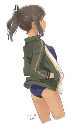 Rule 34 | 10s, 1girl, 2017, ass, blue one-piece swimsuit, brown eyes, brown hair, cowboy shot, dated, flat chest, green jacket, hair ornament, hairclip, hands in pockets, i-401 (kancolle), jacket, kantai collection, kawashina (momen silicon), one-piece swimsuit, ponytail, profile, short ponytail, simple background, solo, standing, swimsuit, swimsuit under clothes, white background