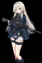 Rule 34 | 1girl, absurdres, an-94, an-94 (girls&#039; frontline), assault rifle, black background, black gloves, black jacket, blue eyes, girls&#039; frontline, gloves, gun, half gloves, highres, holding, holding gun, holding weapon, jacket, long hair, long sleeves, looking at viewer, open clothes, open jacket, rifle, simple background, solo, weapon, white hair, yakob labo