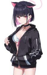 Rule 34 | 1girl, animal ears, auui, bikini, bikini under clothes, black choker, black jacket, blue archive, blush, breasts, choker, closed mouth, collarbone, colored inner hair, commentary request, extra ears, hair ornament, hairclip, halo, highres, jacket, kazusa (blue archive), long sleeves, looking at viewer, medium breasts, multicolored hair, pink eyes, pink hair, pink halo, short hair, simple background, solo, standing, swimsuit, thighs, two-tone hair, white background, white bikini
