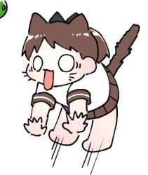 Rule 34 | 1girl, animal ears, brown eyes, brown hair, brown skirt, cat ears, cat tail, commentary request, cucumber, extra ears, jumping, kantai collection, o o, ponytail, school uniform, serafuku, shikinami (kancolle), short hair, simple background, skirt, solo, tail, tsubutarou, white background
