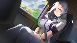 Rule 34 | 1girl, blue eyes, blue sky, blush, boots, breasts, car interior, closed mouth, cloud, day, dutch angle, feet out of frame, game cg, hair over shoulder, highres, impossible clothes, knees together feet apart, large breasts, legs, light blush, light particles, long hair, looking at viewer, military uniform, miracle snack shop, non-web source, nose blush, official art, pantyhose, philia salis, pout, seatbelt, shaded face, shadow, short sleeves, sitting, sky, sunlight, talesshop, thigh boots, tree, turtleneck, ukero, uniform, v-shaped eyebrows, white footwear, white hair