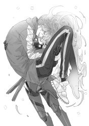Rule 34 | 2boys, ^ ^, absurdres, blush, brothers, carrying, closed eyes, confetti, covered mouth, face-to-face, feet out of frame, greyscale, grin, hands up, happy, headphones, height difference, highres, hug, idia shroud, jacket, joints, knees up, long hair, long sleeves, male focus, mask, mechanical parts, monochrome, multiple boys, ortho shroud, pants, plantar flexion, princess carry, respirator, robot joints, sasayr77, sharp teeth, shoes, short hair, siblings, simple background, smile, standing, teeth, track pants, twisted wonderland, very long hair, wavy hair