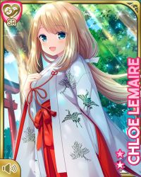 Rule 34 | 1girl, blonde hair, blue eyes, bow, breasts, character name, chloe lemaire, day, girlfriend (kari), japanese clothes, kimono, long hair, miko, official art, open mouth, outdoors, qp:flapper, smile, solo, white kimono