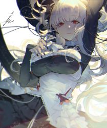 Rule 34 | 1girl, absurdres, arm up, azur lane, bare shoulders, between breasts, black dress, black nails, blush, breasts, cowboy shot, dress, flight deck, floating hair, formidable (azur lane), frilled dress, frills, hair ribbon, hand up, highres, kuroduki (pieat), large breasts, long hair, long sleeves, looking at viewer, nail polish, parted lips, red eyes, ribbon, rigging, signature, solo, twintails, two-tone dress, two-tone ribbon, very long hair, white hair