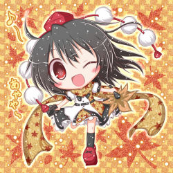 Rule 34 | 1girl, autumn leaves, black hair, blush, brown background, camera, checkered background, chibi, geta, hand fan, hat, komakoma (magicaltale), leaf print, looking at viewer, one eye closed, open mouth, red eyes, scarf, shameimaru aya, short hair, smile, solo, tokin hat, touhou, wink