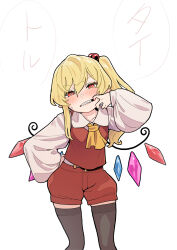 Rule 34 | 1girl, absurdres, adapted costume, black thighhighs, blonde hair, commentary request, finger in own mouth, flandre scarlet, highres, kawayabug, long hair, long sleeves, rainbow wings, red eyes, red shirt, red shorts, sharp teeth, shirt, shorts, side ponytail, solo, teeth, thighhighs, touhou, white background